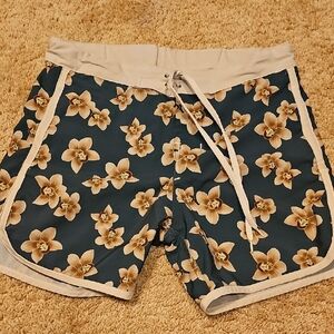 Acacia Swimwear Floral Swim Shorts - Navy and Beige